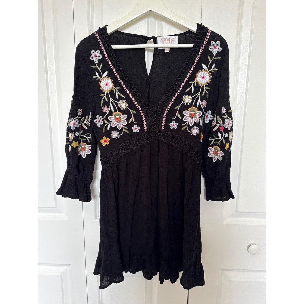 Audrey Parks Francescas Black Floral Embroidered Boho Mini‎ Dress Womens Medium